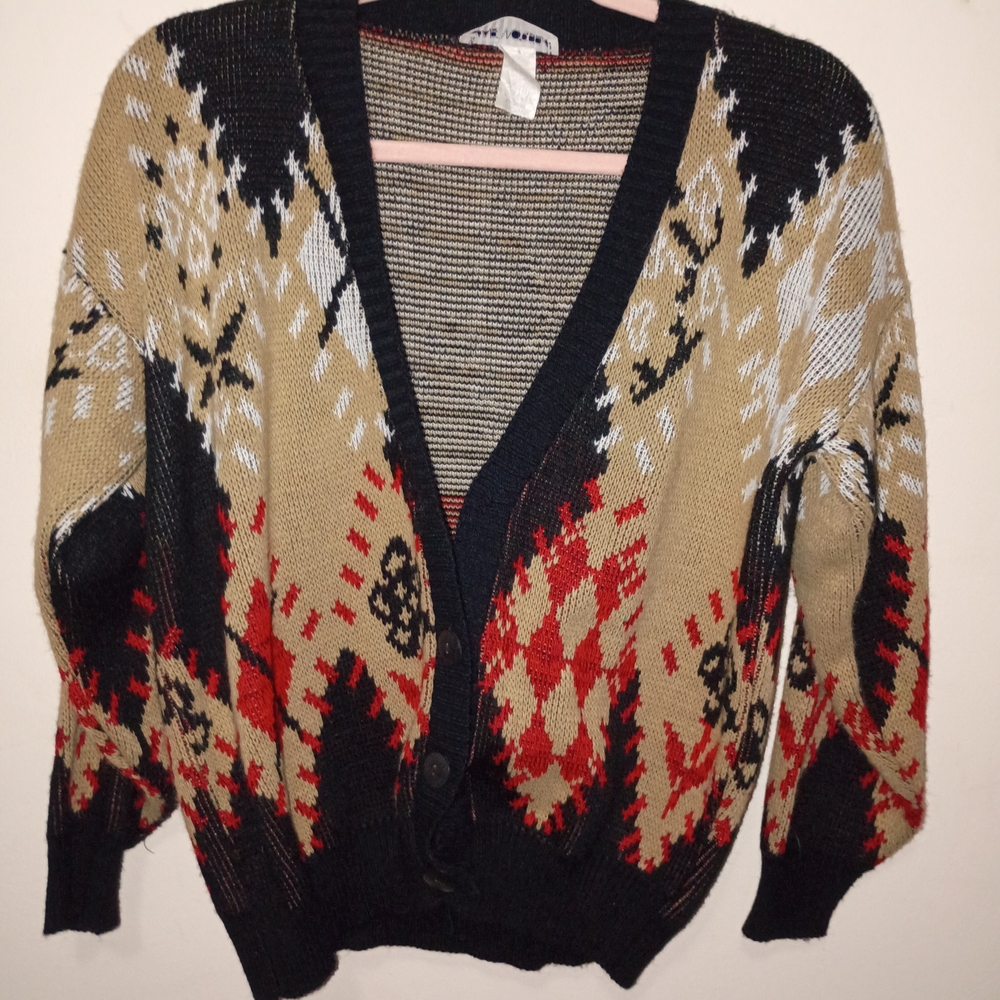 Cabin Creek Black Red Tan Patterned Women's Cardigan *Missing Top Button* Size M